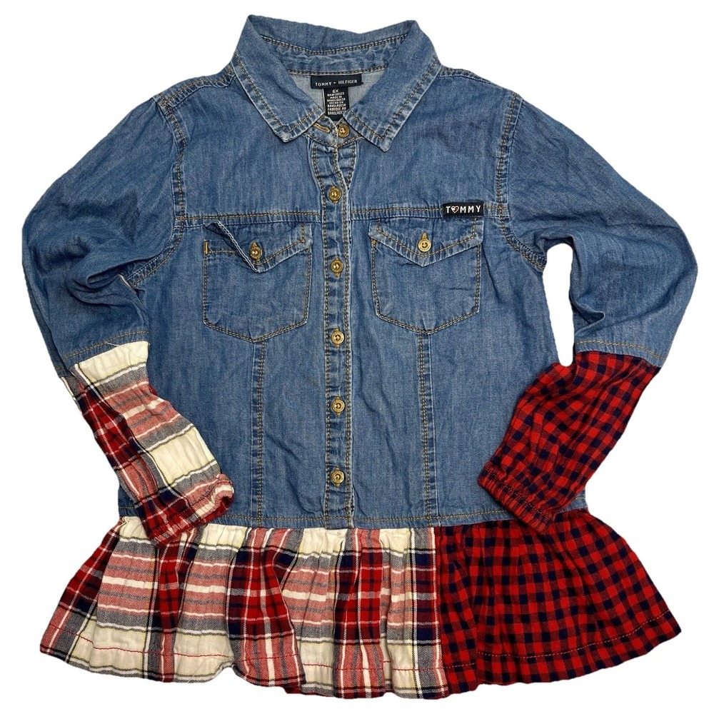 Tommy Hilfiger Girls 6X Chambray Plaid Shirt Dress Red‎ Blue Long Sleeve Holiday